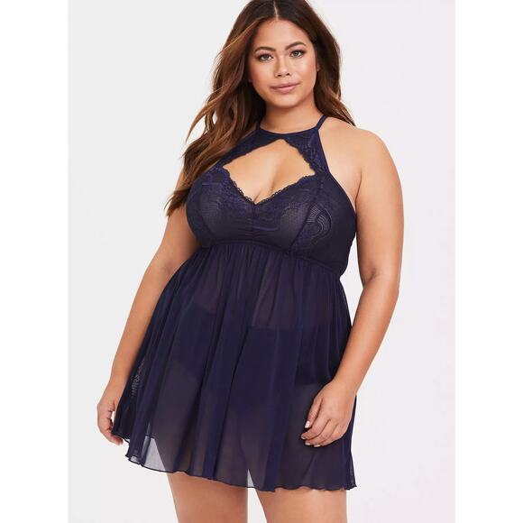 NWT Torrid Navy Mesh High Neck Keyhole Babydoll Sexy Lingerie Plus Size: 6X (30) - Picture 1 of 4